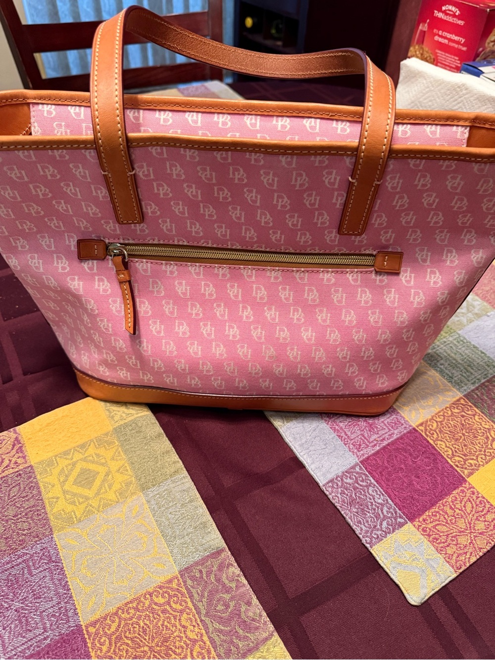Dooney & Bourke Pink Signature Canvas Shoulder Tote with Tan Leather Trim - Picture 3 of 7